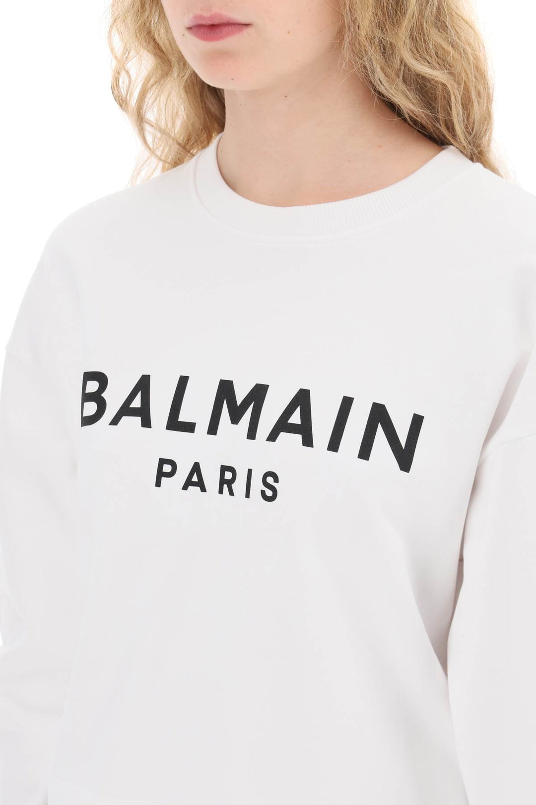 Balmain Cropped Sweatshirt With Flocked Logo   Bianco
