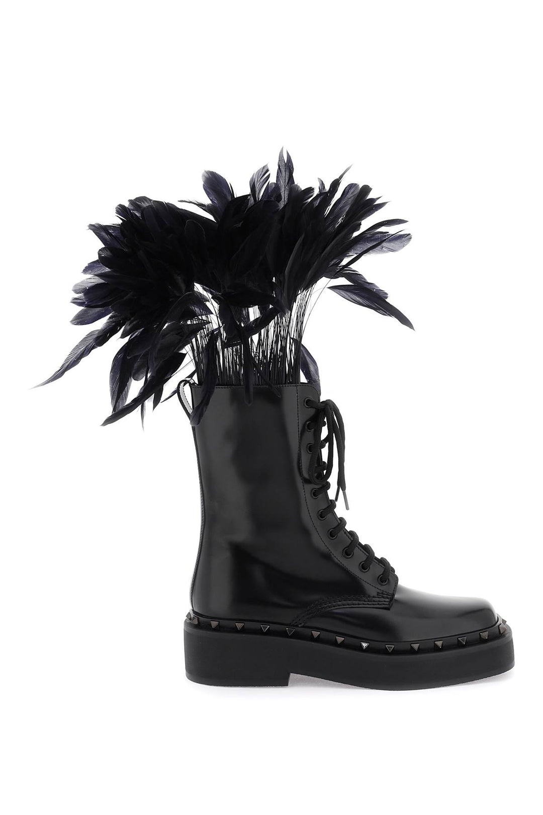 Valentino Garavani Leather M Way Rockstud Combat Boots With Feathers   Nero