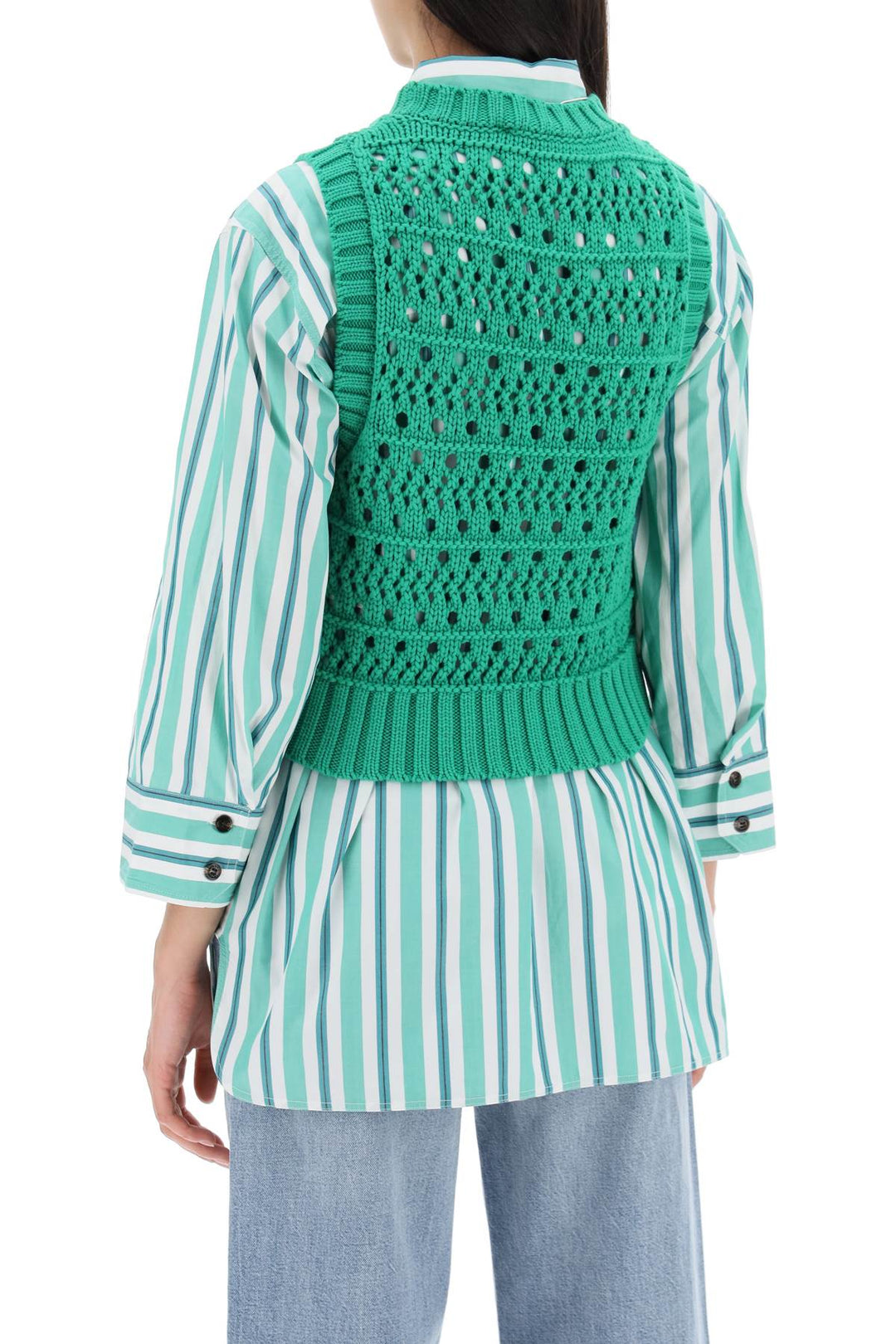 Ganni Open Stitch Knitted Vest With Logo   Verde