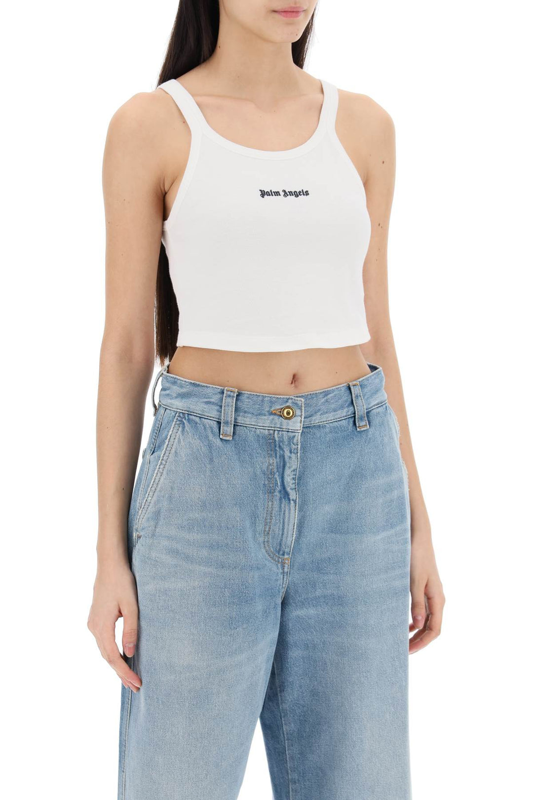 Palm Angels Embroidered Logo Crop Top With   Bianco
