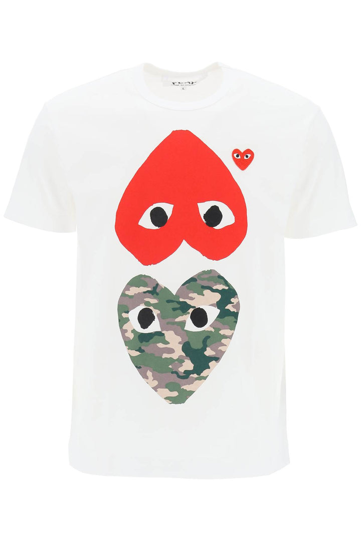 Comme Des Garcons Play Round Neck T Shirt With Double Heart Print   Bianco