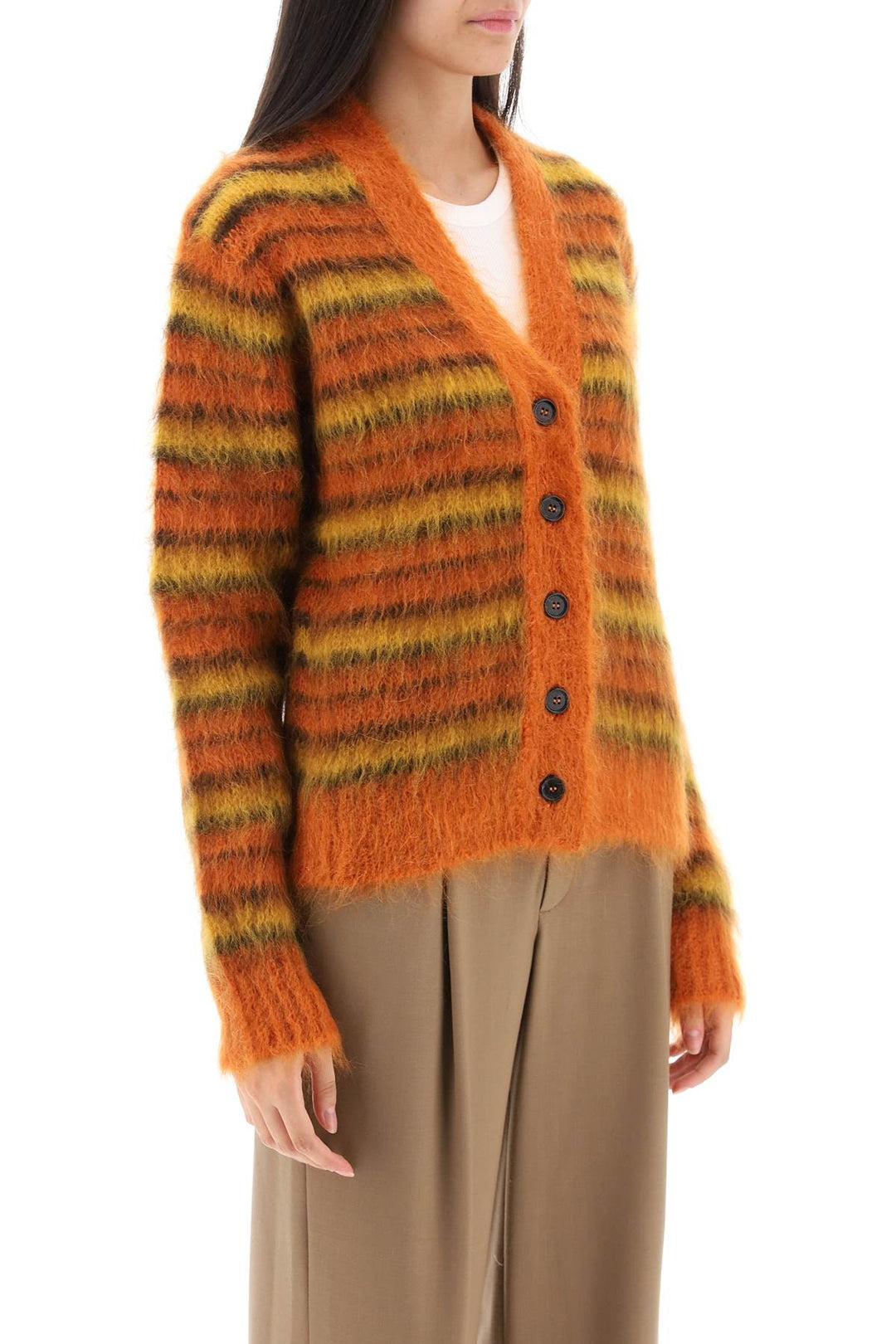 Marni Cardigan In Striped Brushed Mohair   Arancio