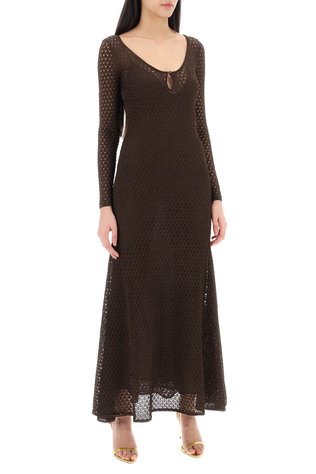 Tom Ford Long Knitted Lurex Perforated Dress   Marrone