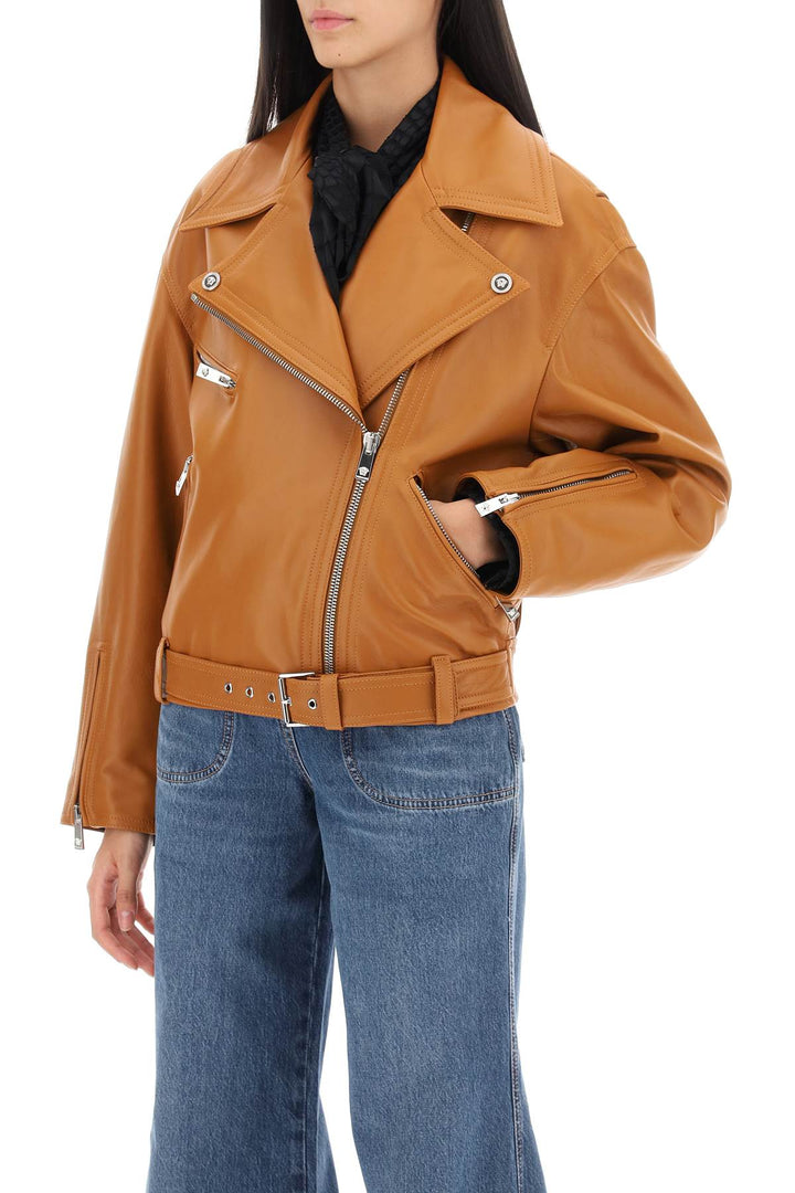 Versace Biker Jacket In Leather   Marrone