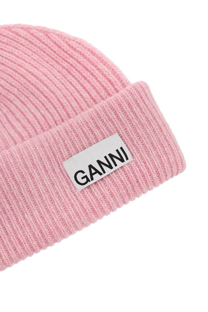 Ganni Beanie Hat With Logo Label   Rosa