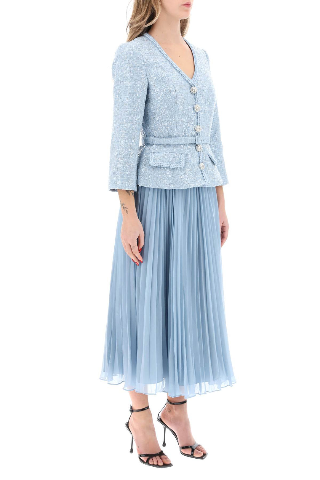 Self Portrait Midi Dress With Pleated Skirt   Light Blue