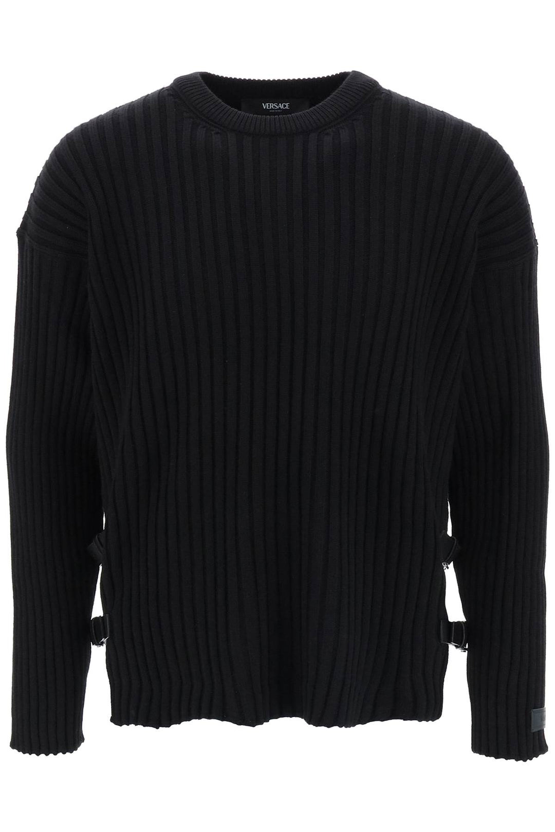 Versace Ribbed Knit Sweater With Leather Straps   Nero