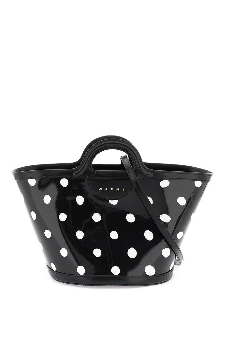 Marni Patent Leather Tropicalia Bucket Bag With Polka Dot Pattern   Nero