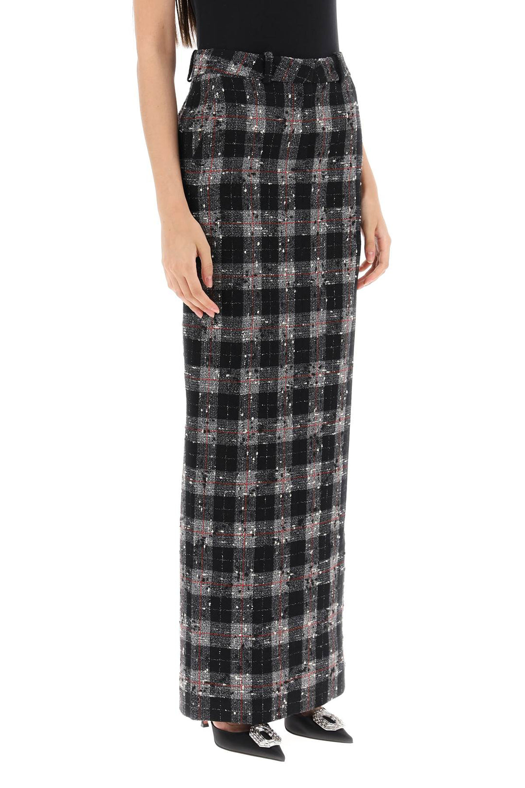 Alessandra Rich Maxi Skirt In Boucle' Fabric With Check Motif   Nero