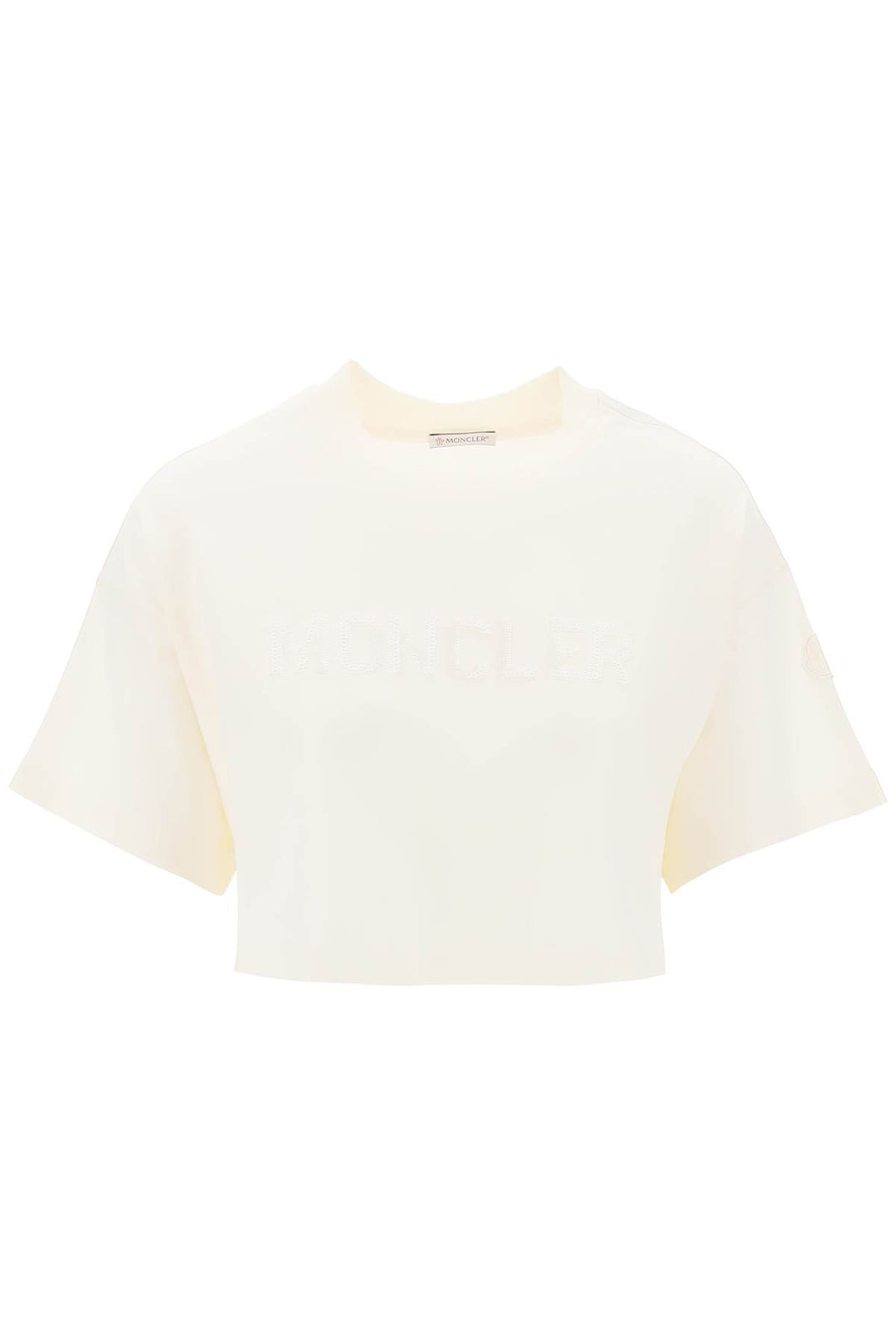 Moncler Cropped T Shirt With Sequin Logo   Bianco