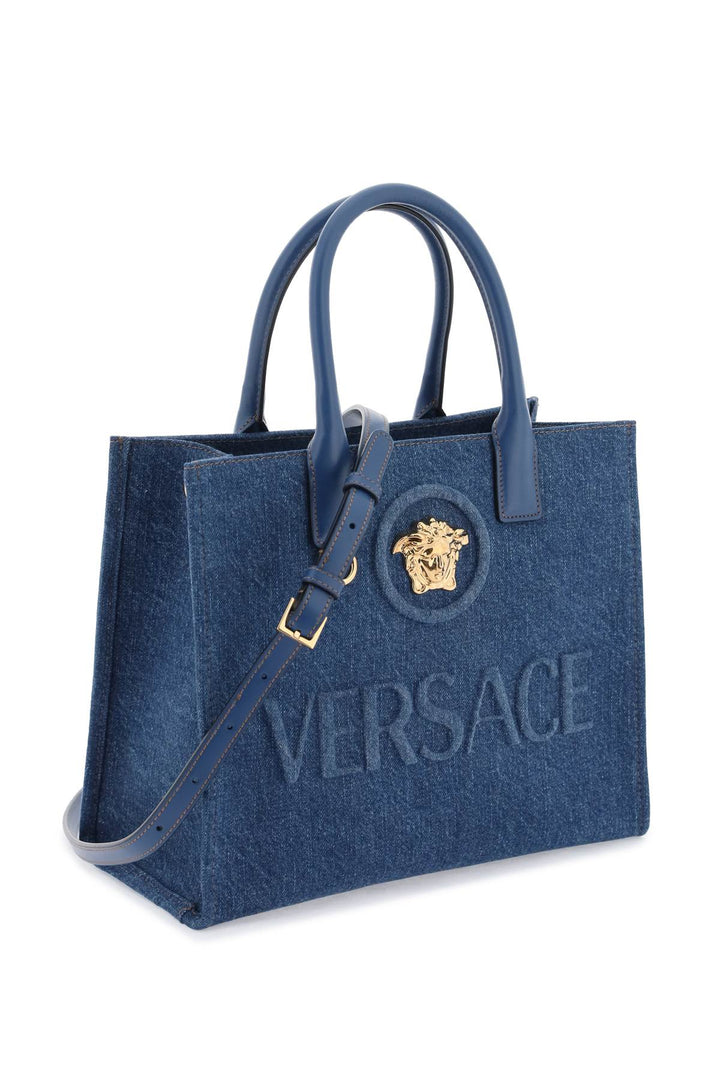 Versace Small Denim La Medusa Tote Bag   Blu