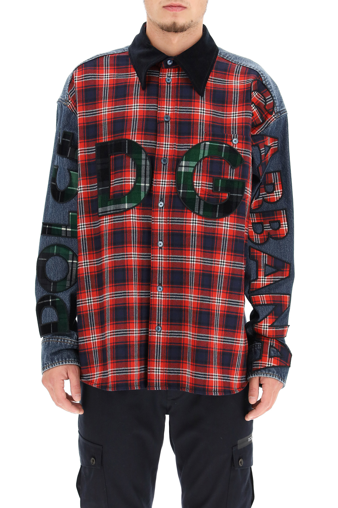 Dolce & Gabbana Oversized Denim And Flannel Shirt With Logo   Rosso