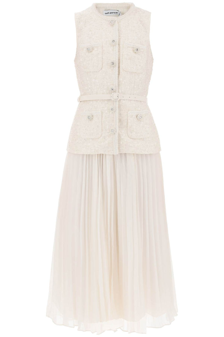 Self Portrait Midi Peplum Dress With Pleated Skirt   Bianco
