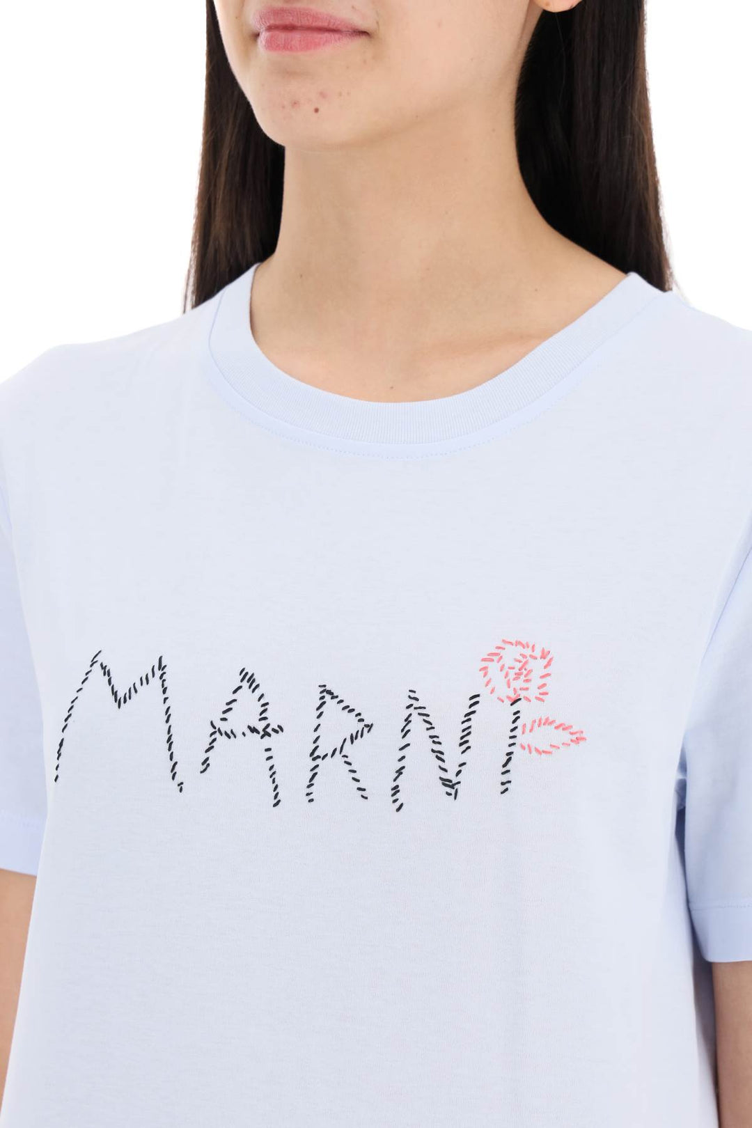 Marni Hand Embroidered Logo T Shirt   Celeste