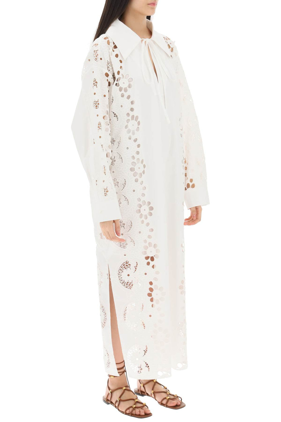 Valentino Maxi Dress In Broderie Infinie Flower   Bianco