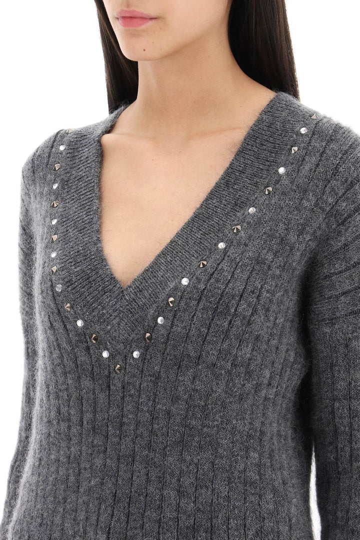 Alessandra Rich Wool Knit Sweater With Studs And Crystals   Grigio