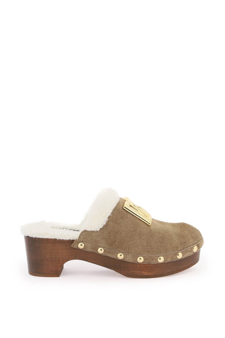 Dolce & Gabbana Suede And Faux Fur Clogs With Dg Logo.   Marrone