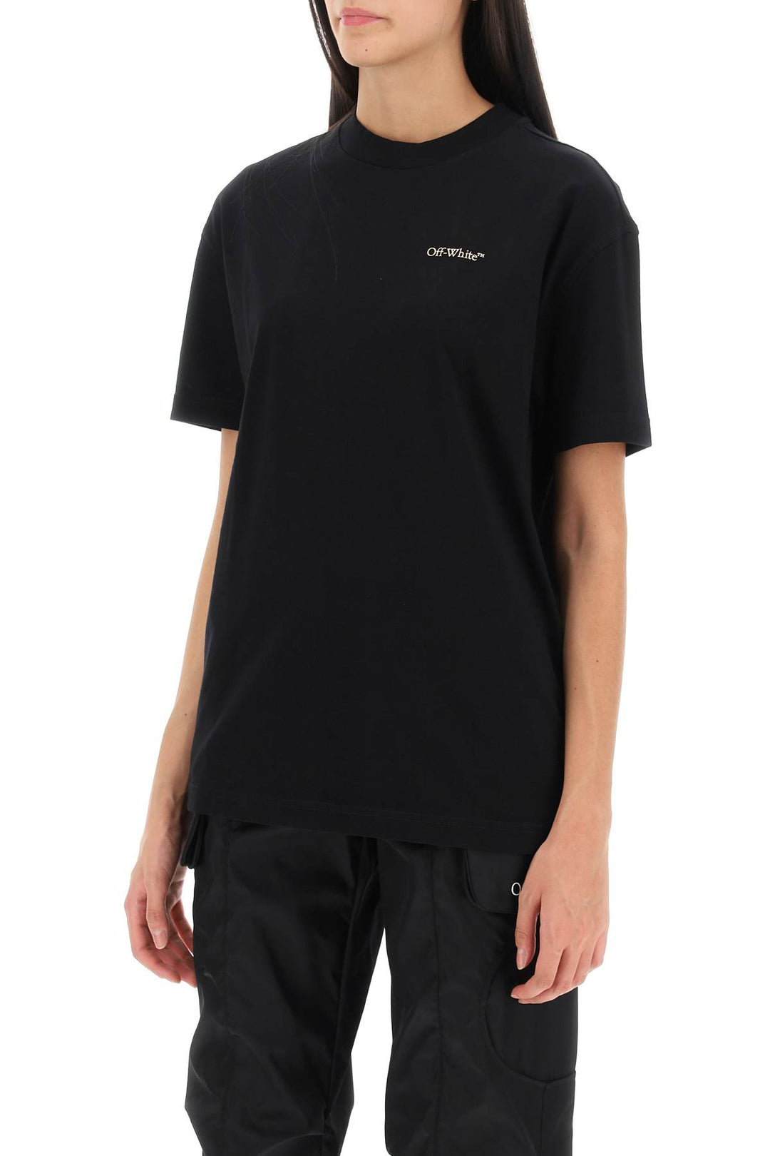 Off White T Shirt With Back Embroidery   Nero