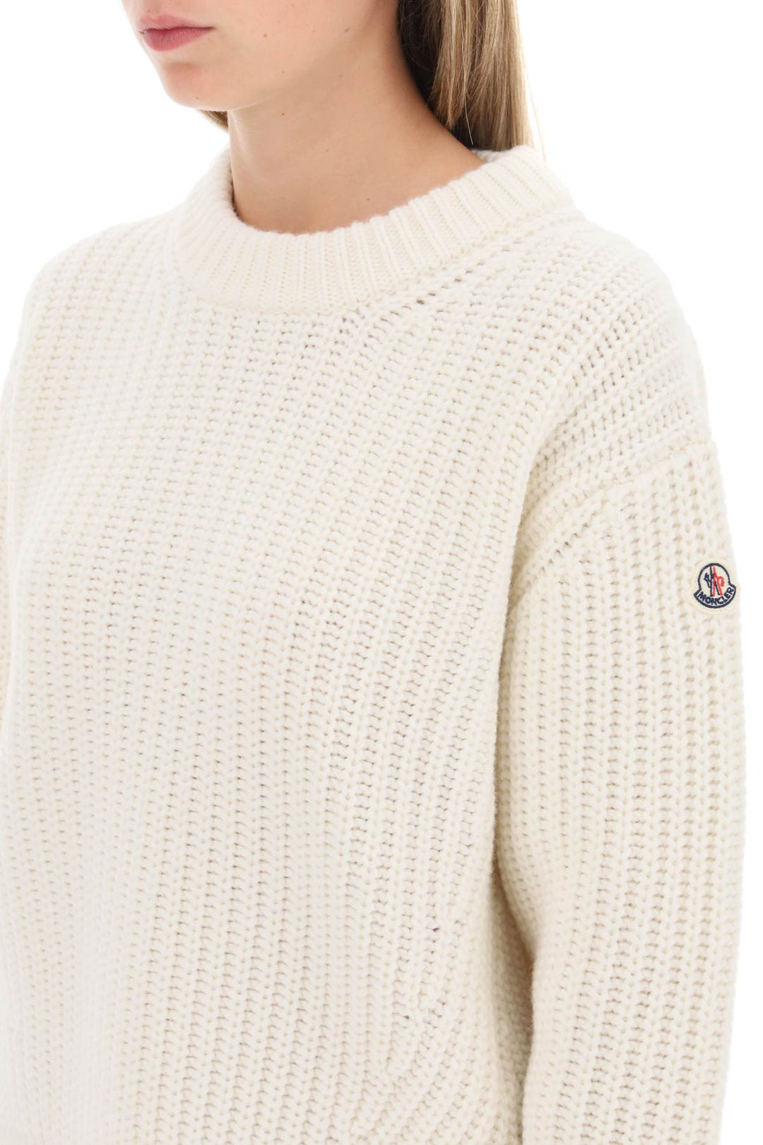 Moncler Crew Neck Sweater In Carded Wool   Bianco