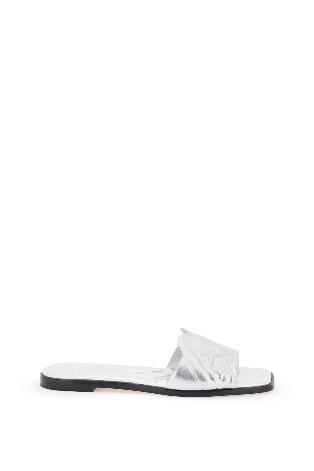 Alexander Mcqueen Laminated Leather Slides With Embossed Seal Logo   Argento