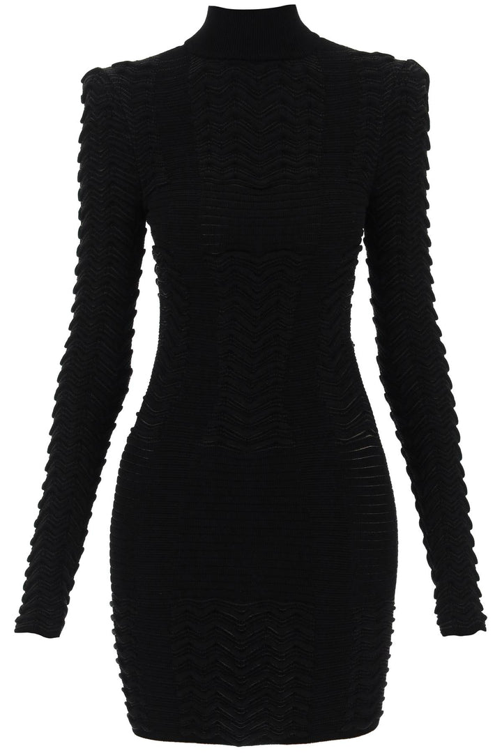 Balmain Turtleneck Mini Dress In Texturized Knit   Nero