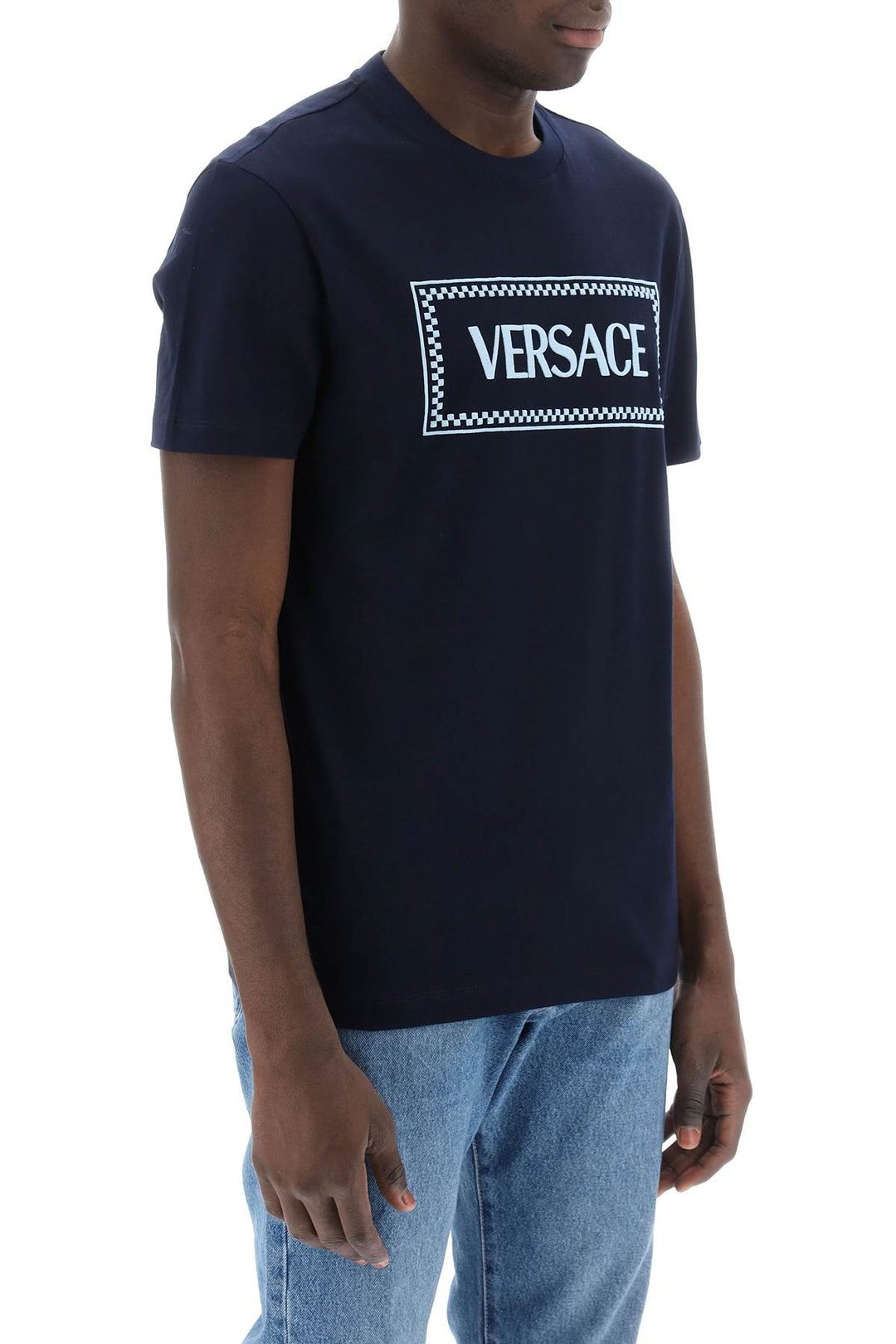 Versace Embroidered Logo T Shirt   Blu