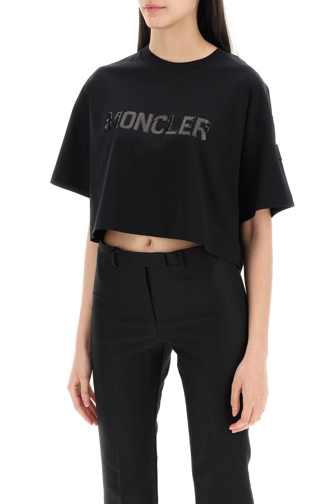 Moncler Cropped T Shirt With Sequin Logo   Nero