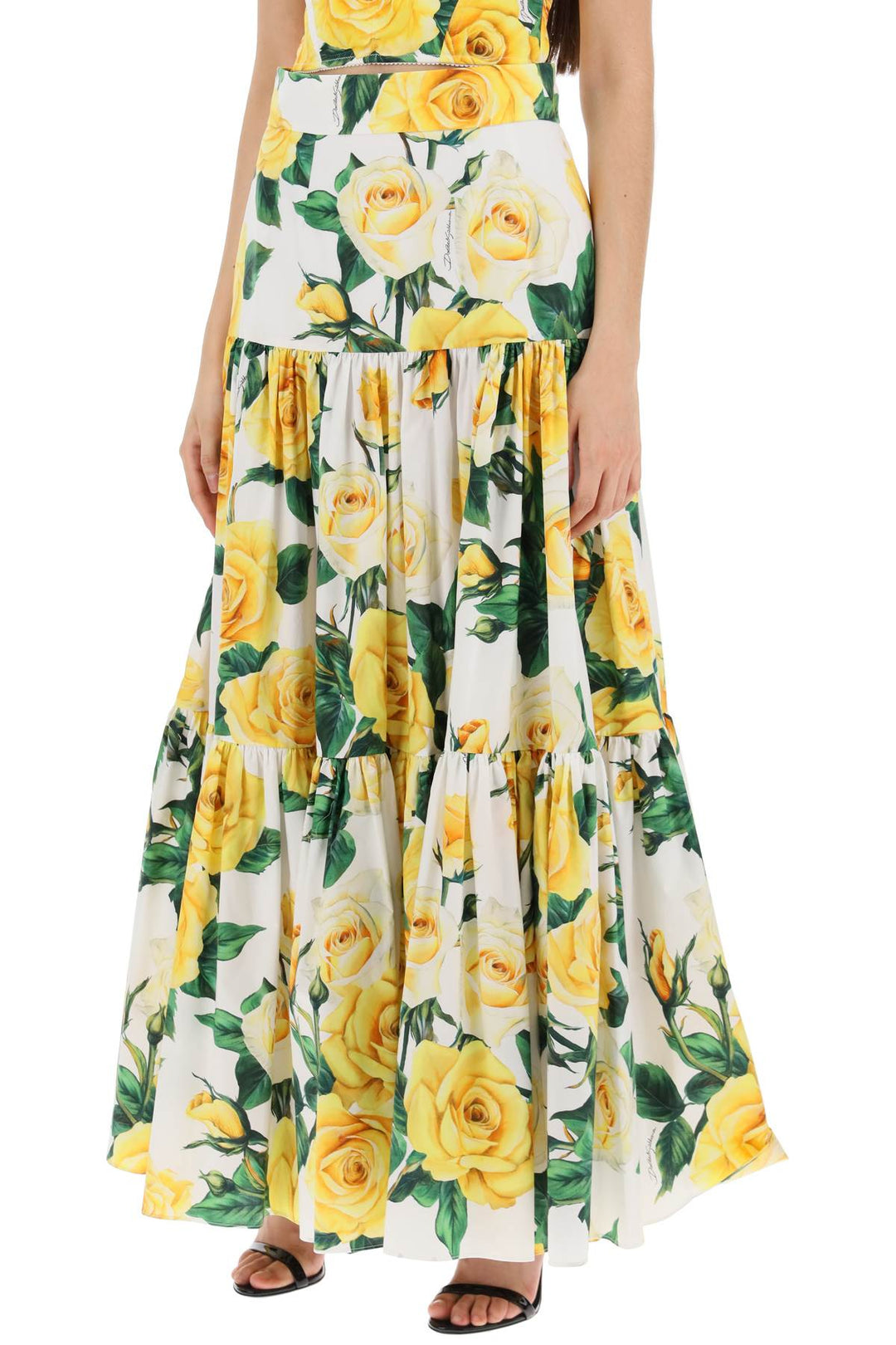 Dolce & Gabbana Replace With Double Quotelong Skirt With Ruffle Details And Yellow Rose   Bianco