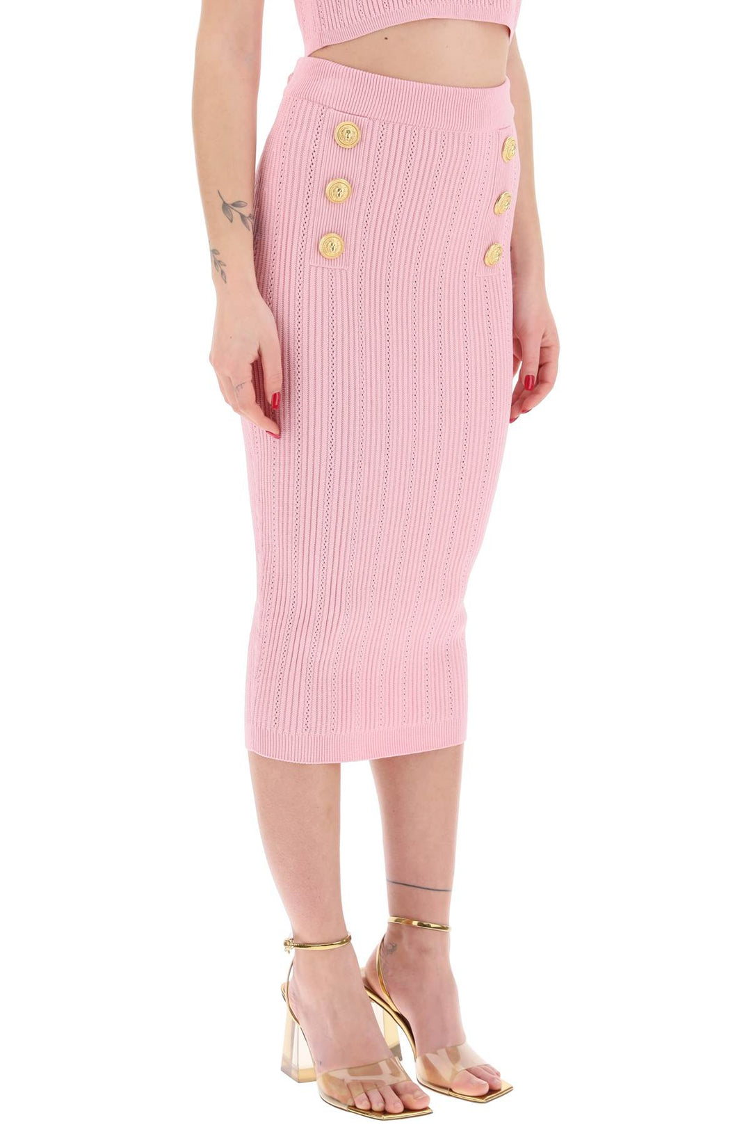 Balmain Replace With Double Quoteknitted Midi Skirt With Embossed   Rosa