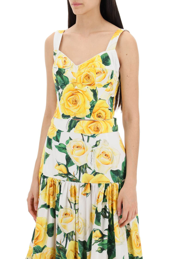 Dolce & Gabbana Cotton Bustier Top With Yellow Rose Print   Verde