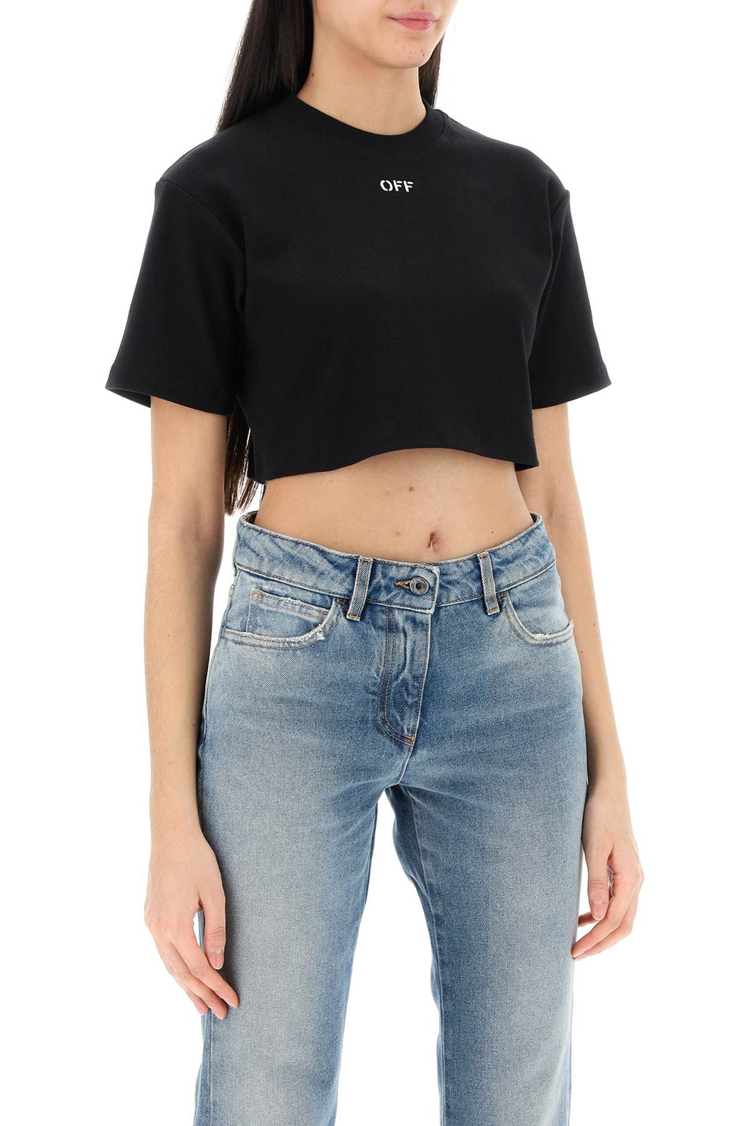 Off White Cropped T Shirt With Off Embroidery   Nero