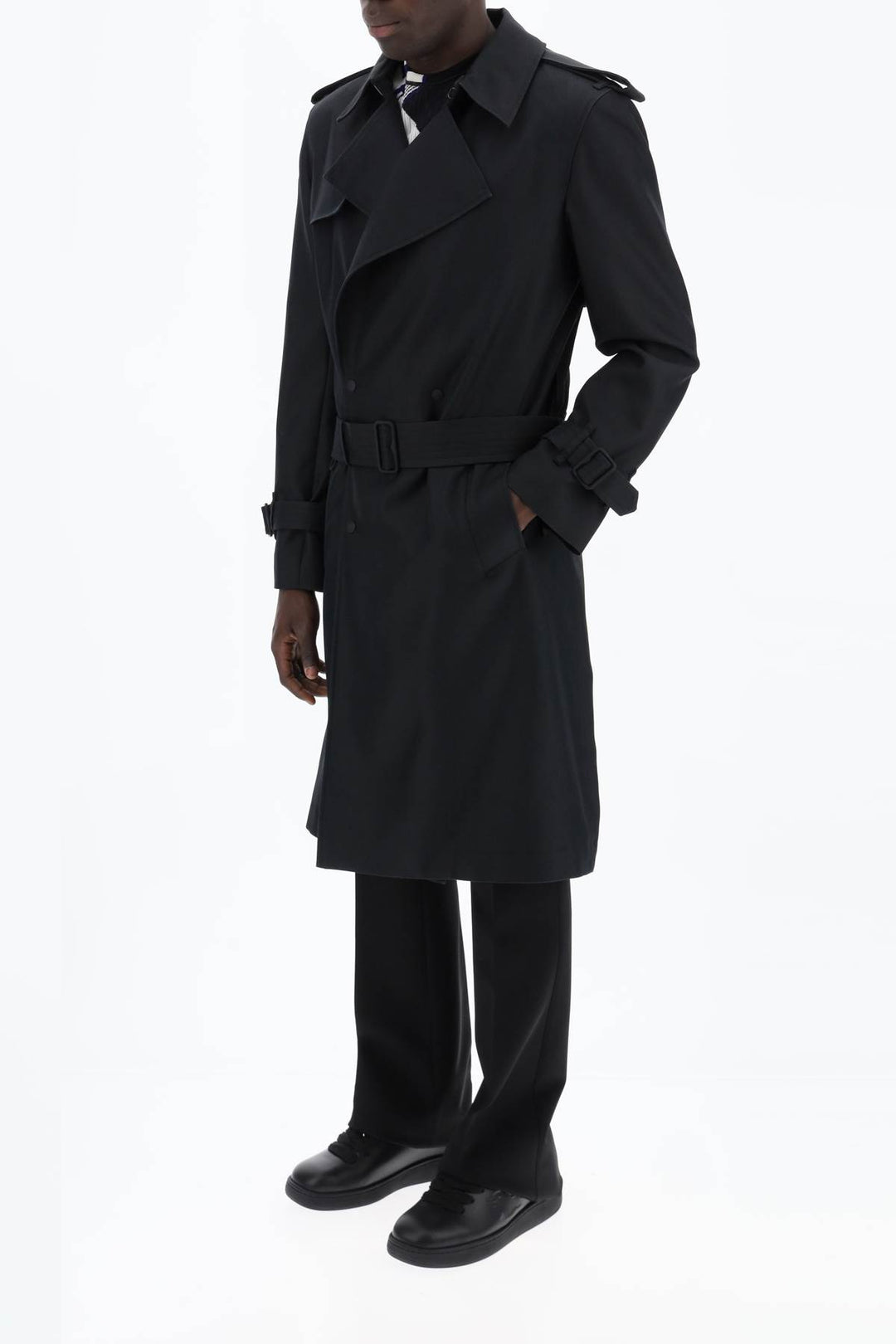 Burberry Double Breasted Silk Blend Trench Coat   Nero