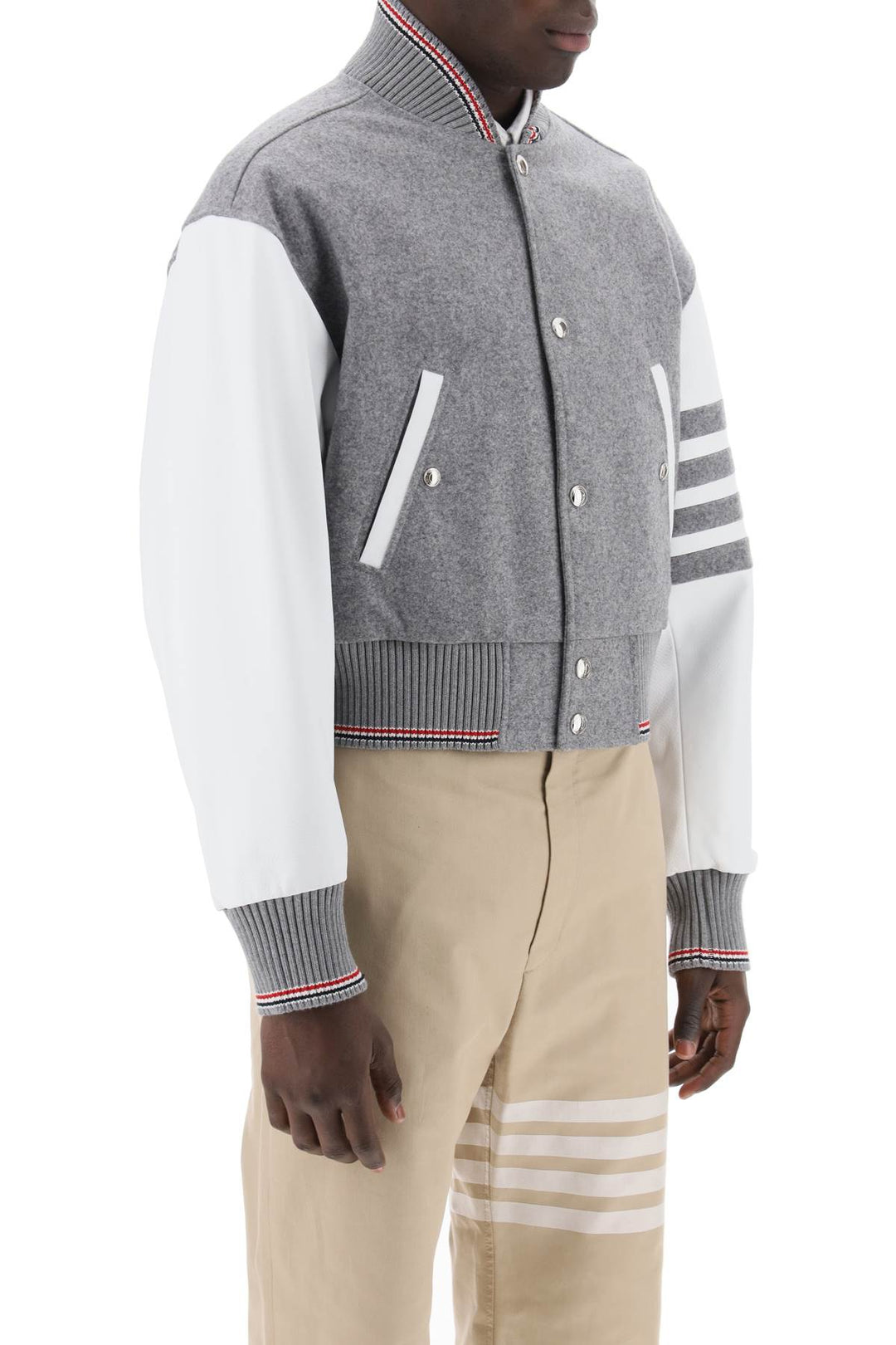 Thom Browne Wool Bomber Jacket With Leather Sleeves And   Grigio