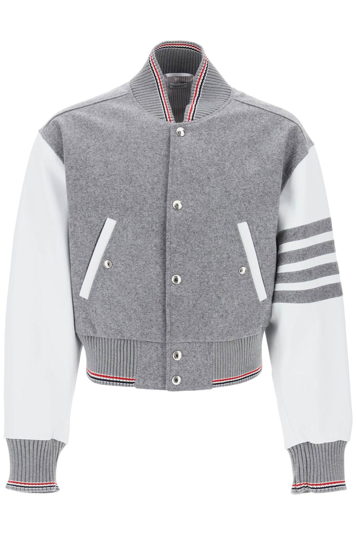 Thom Browne Wool Bomber Jacket With Leather Sleeves And   Grigio