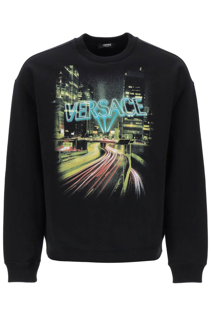 Versace Crew Neck Sweatshirt With City Lights Print   Nero
