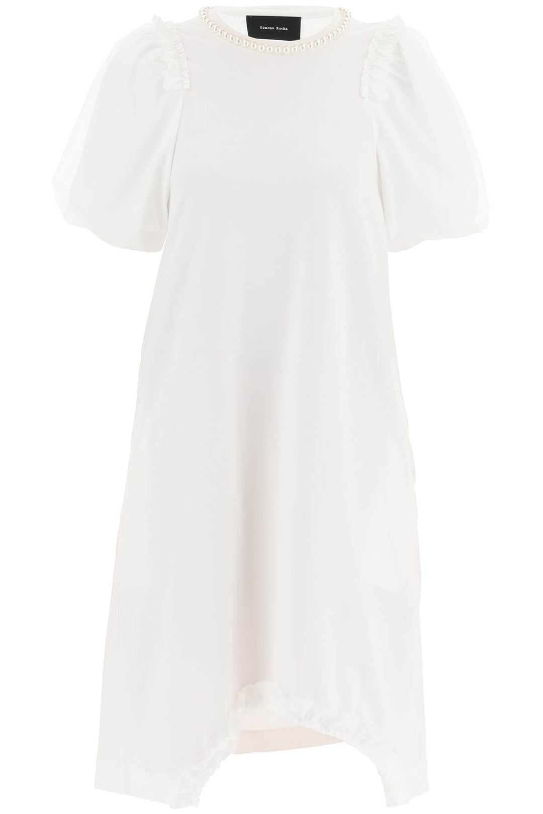 Simone Rocha Cotton Dress With Tulle Sleeves And Pearls   Bianco
