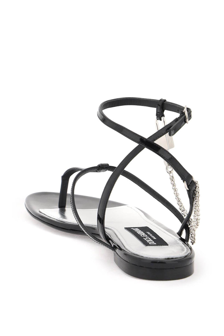 Dolce & Gabbana Patent Leather Thong Sandals With Padlock   Nero