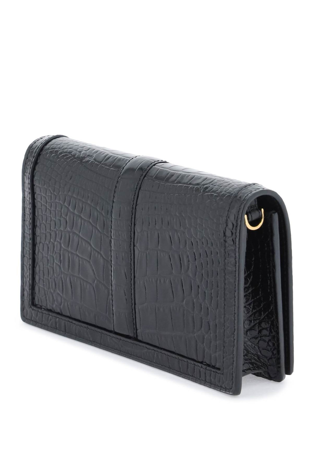 Versace Croco Embossed Leather Greca Goddes Crossbody Bag   Nero