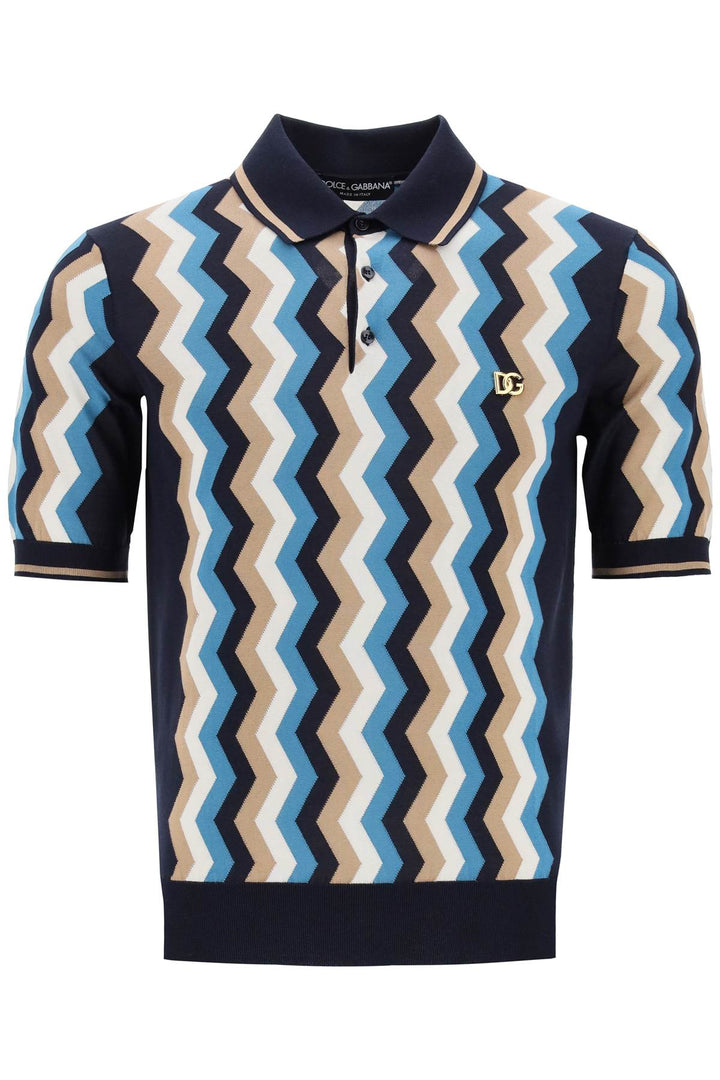 Dolce & Gabbana Silk Polo Shirt With Zigzag In   Blu