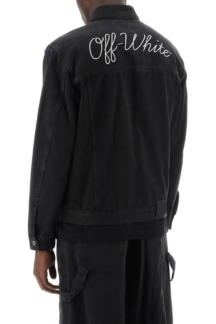 Off White Canvas Jacket With Logo Embroidery   Nero
