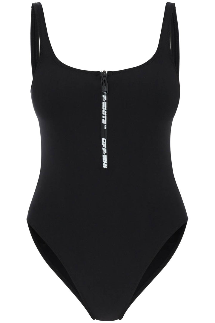 Off White One Piece Swimsuit With Zip And Logo   Nero