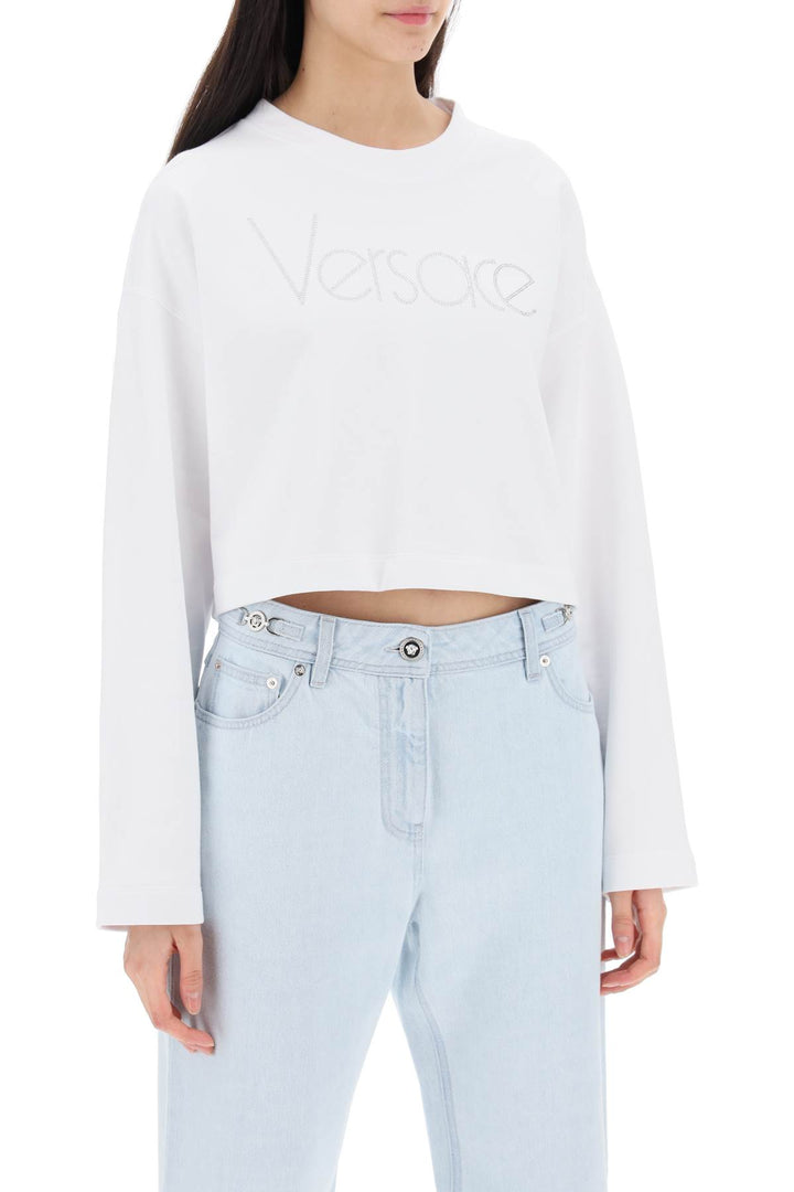 Versace Replace With Double Quotecropped Sweatshirt With Rhinestone   Bianco