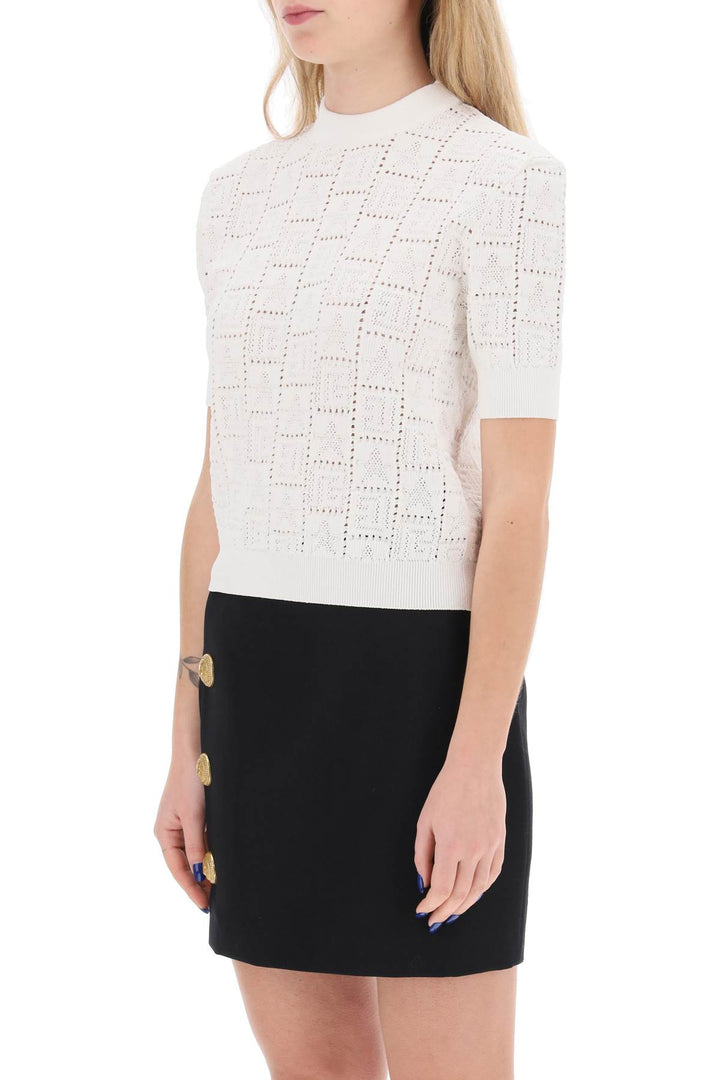 Balmain Short Sleeved Top In Monogram Knit   Bianco
