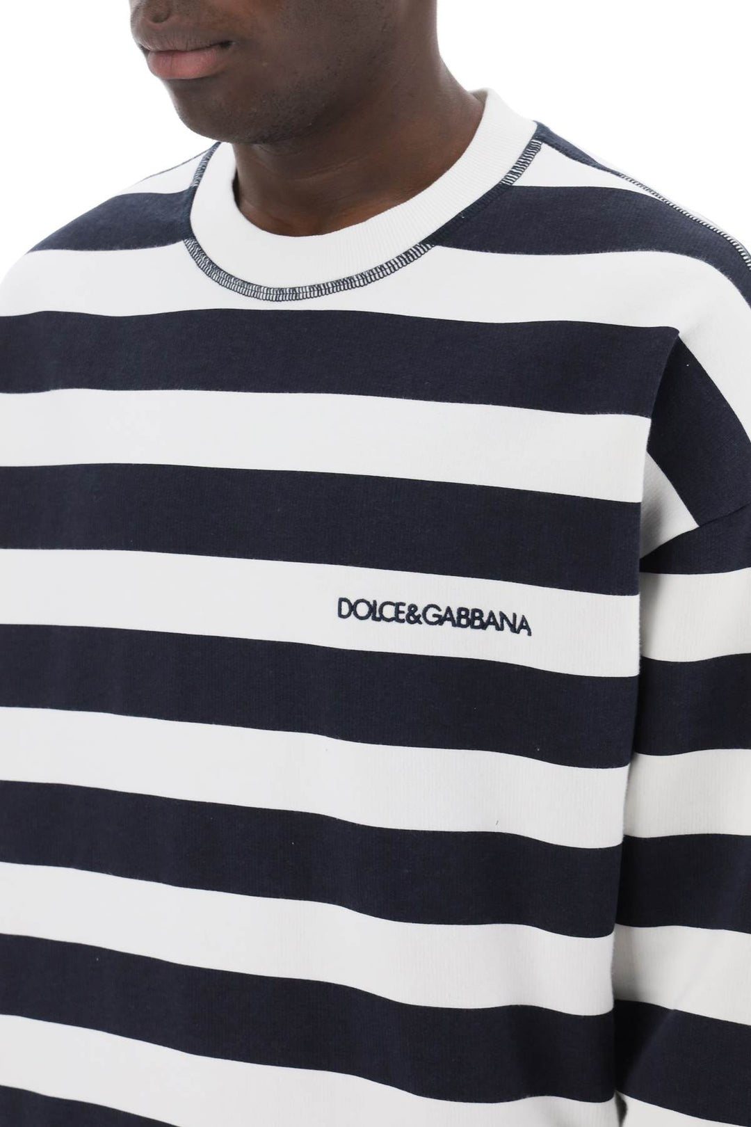 Dolce & Gabbana Striped Sweatshirt With Embroidered Logo   Bianco