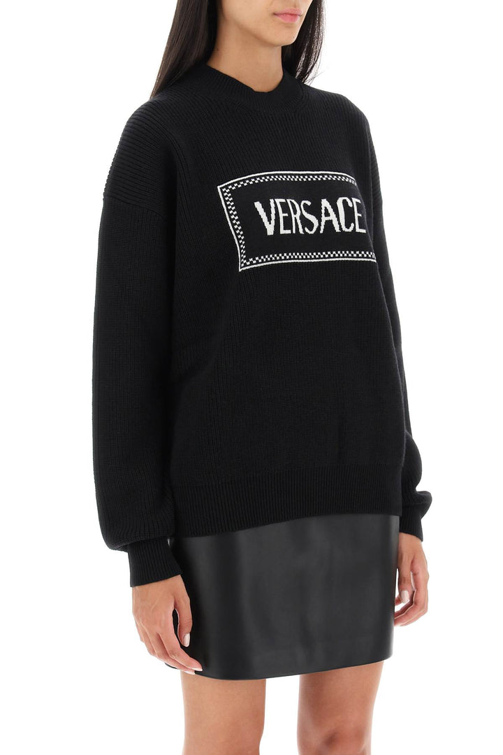 Versace Crew Neck Sweater With Logo Inlay   Nero