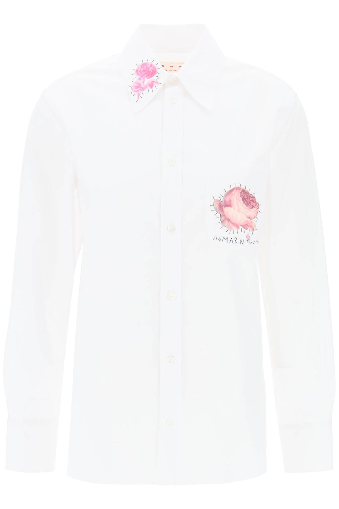 Marni Replace With Double Quoteshirt With Flower Print Patch And Embroidered Logo   Bianco