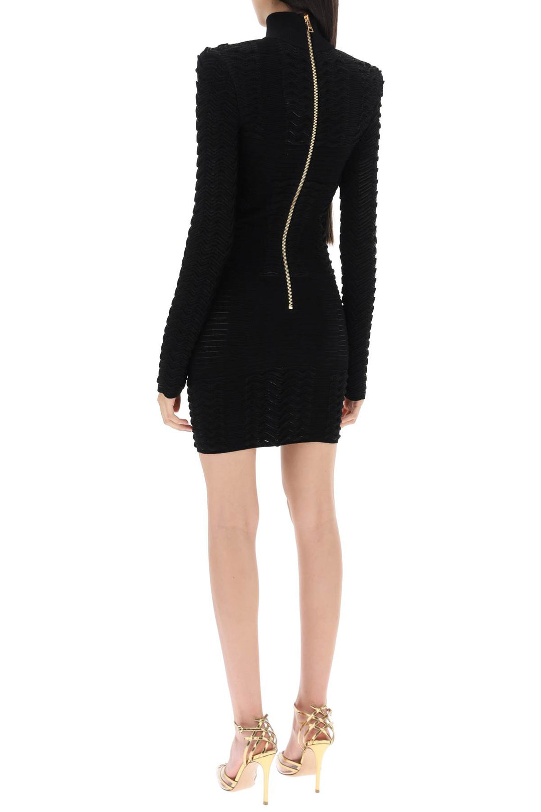 Balmain Turtleneck Mini Dress In Texturized Knit   Nero