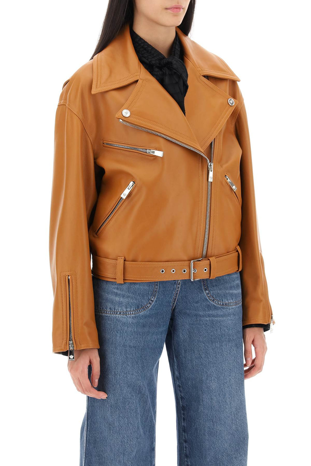 Versace Biker Jacket In Leather   Marrone