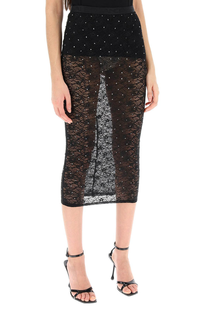 Alessandra Rich Midi Skirt In Lace With Rhinestones   Nero