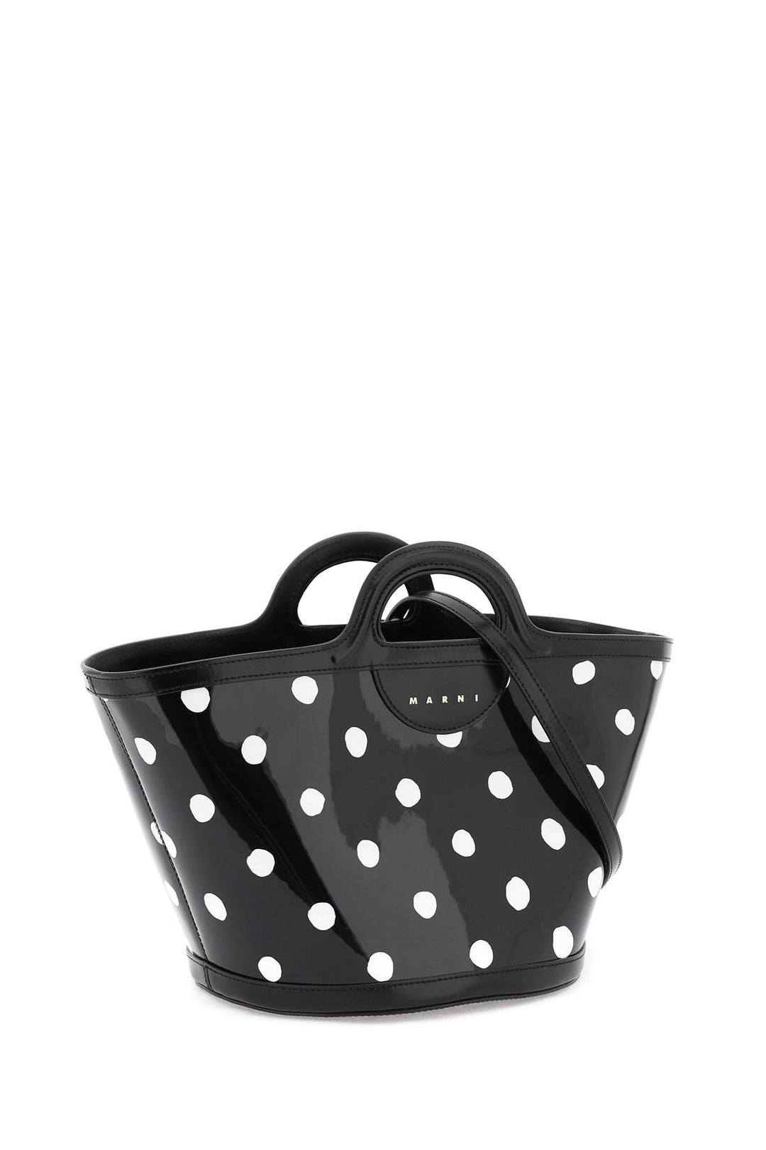 Marni Patent Leather Tropicalia Bucket Bag With Polka Dot Pattern   Nero